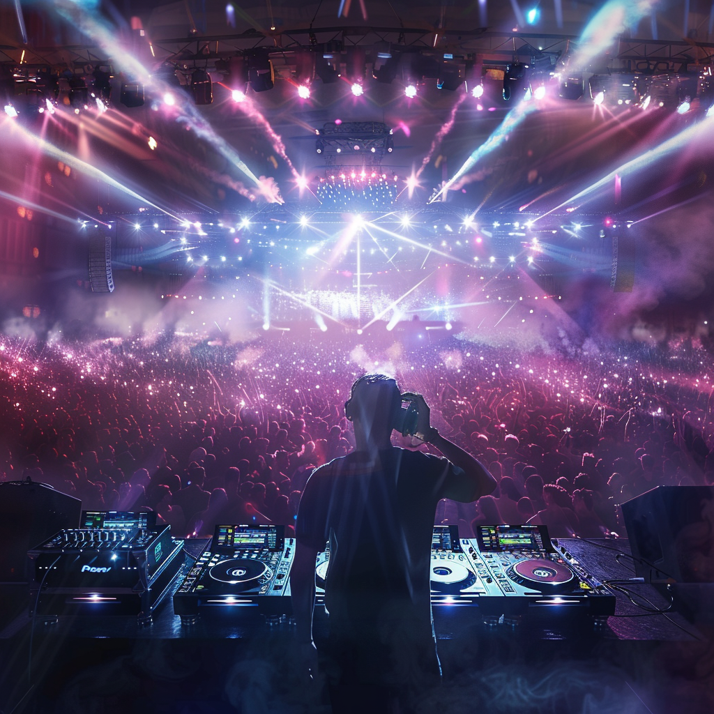 A professional DJ playing to a huge crowd with lights blaring