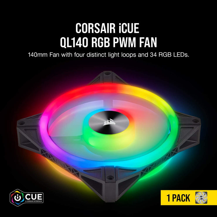 Corsair QL Series, QL140 RGB, 140mm RGB LED Fan, Single Pack